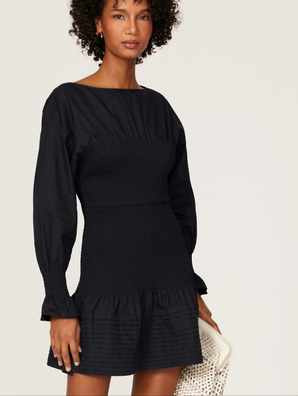 Derek Lam 10 Crosby Black Smocked Puff Sleeve Mini Dress US 4 Cotton Cottagecore